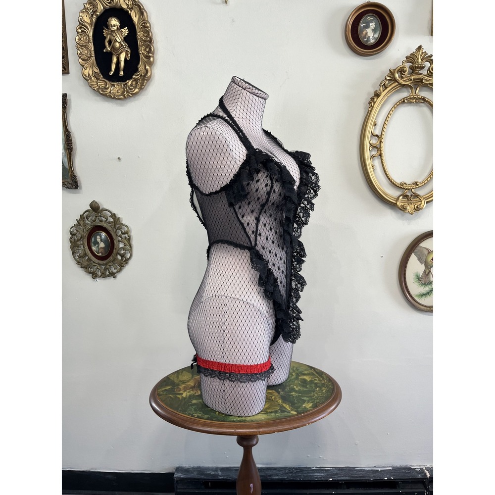 Vintage Y2K Black Lace Polka Dot‎ Ruffle Teddy Lingerie & Heart Bag